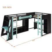 Litera tipo loft en forma de L para juegos con escritorios, litera doble con luces LED, puertos USB, estanterías de almacenamiento, cama alta esquinera de madera para 2 personas