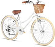 Glerc Missy 20, 24, 26 pulgadas bicicleta híbrida urbana tipo crucero para niñas, de 6 velocidades, con cesta de mimbre, para jóvenes mayores de 6 años, varios colores