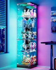 Vitrina de cristal Lvifur con iluminación LED y cajones, vitrina vertical con sensores inteligentes, vitrina de cristal y madera de 5 niveles para objetos de colección, vino, salón, dormitorio