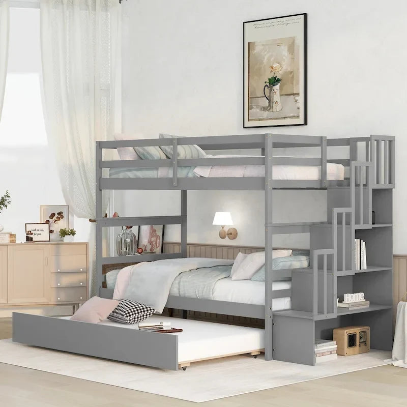 Literas gemelas sobre gemelas con cama nido individual y función de almacenamiento en escalera, color gris