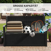 Banco de jardín con almacenamiento Olsen & Smith de 265 litros, resistente a la intemperie, arcón con cerradura, caja de almacenamiento para cojines, plástico impermeable, para herramientas, juguetes, mantas y más, negro