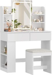Tocador Devoko con espejo, mesa de maquillaje con espejo LED de brillo ajustable, tocador con taburete, 2 cajones, 4 estantes, moderno, 90 x 40 cm, blanco