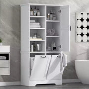 Gabinete de almacenamiento para baño con puertas y cajones, cesto para ropa abatible, espacio de almacenamiento múltiple, estilo independiente