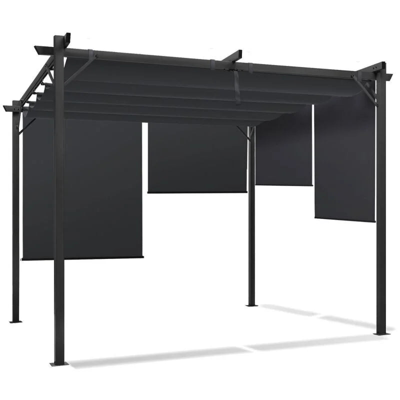 Pérgola edición especial con techo retráctil de 3x3 m y 4 toldos gris antracita