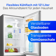 Bomann, Frigorífico y Congelador 173L Inox KG7359 - Frigorífico 121L, Congelador 52L, Iluminación LED, Control de temperatura, Alarma de puerta abierta, Ahorro de energía, Dimensiones 142,5x49,5x56 cm