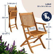 Conjunto de mesa de jardín certificado FSC para 4 personas, 200 cm, 160 kg, resistente a la intemperie, plegable, 5 piezas, acacia con reposabrazos, marrón