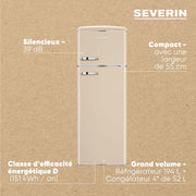 Severin Frigorífico Congelador de 2 puertas, Independiente, Frigorífico de Doble Puerta con Congelador, Anchura 55 cm, 246 L, Clase D, Estilo Retro, Crema, RKG 8985