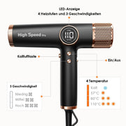 Secador de pelo Faszin con tecnología iónica, motor sin escobillas de 110.000 RPM, secado rápido, silencioso, pantalla LED, accesorios magnéticos, negro