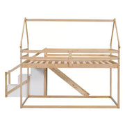 Literas tipo casita con tobogán y escaleras de almacenamiento, litera de madera individual sobre individual para niños con techo y escaleras para niñas y niños