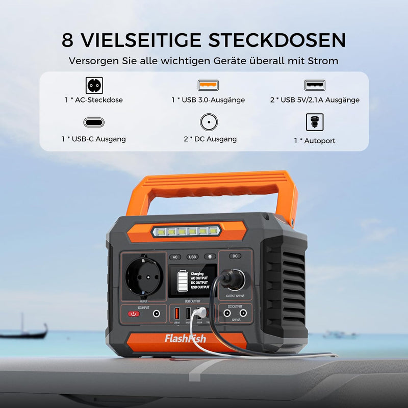 Estación de energía portátil FlashFish de 230Wh con panel solar de 60W, generador solar de 300W (pico de 600W) con 2 puertos CC, 4 puertos USB, luces LED, generador de emergencia para camping, viajes y cortes de energía