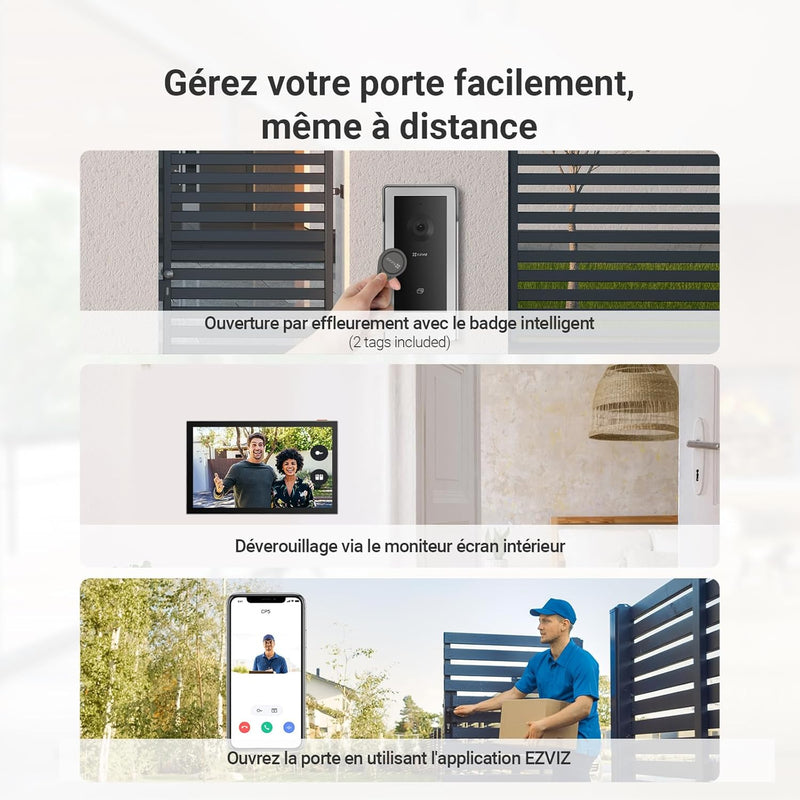 Videoportero conectado EZVIZ CP5 WiFi, resolución 1080P, monitor táctil a color de 7", portero automático con instalación de 2 hilos, apertura remota, audio bidireccional, visión nocturna, diseño compacto