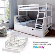 Litera de madera maciza Max & Lily, individual sobre matrimonial con nido de almacenamiento y escalera para niños