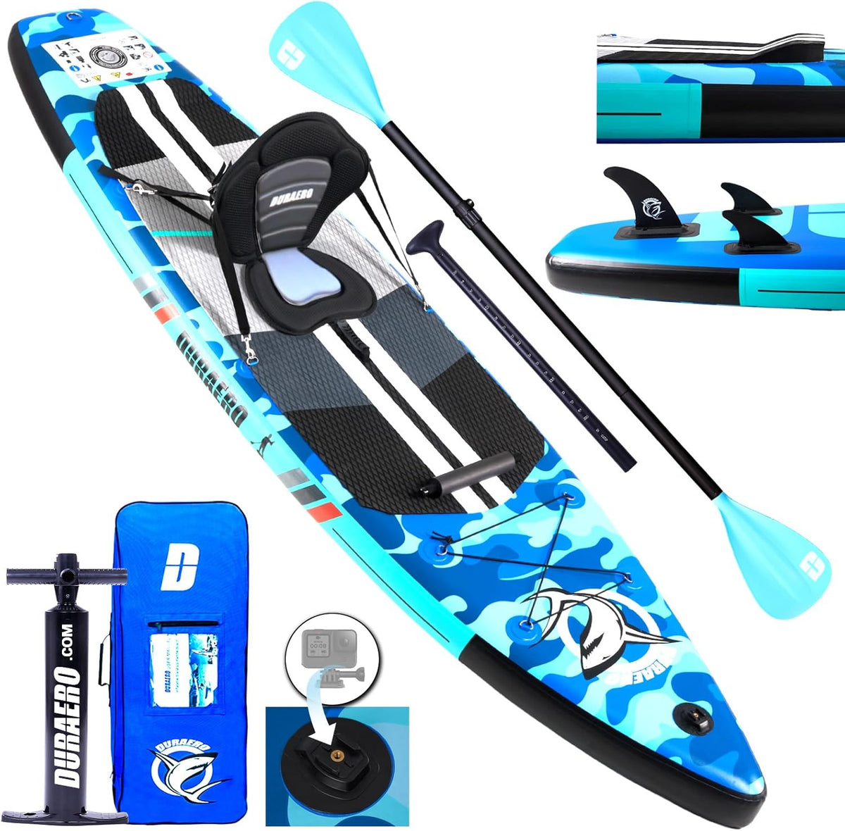 Tabla de paddle surf inflable con asiento de kayak, 330 x 76 x 15 cm, hasta 150 kg, almohadilla integrada, aleta desmontable, remo doble ajustable, kit de reparación, camuflaje azul
