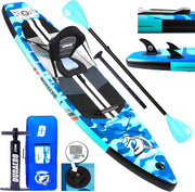 Tabla de paddle surf inflable con asiento de kayak, 330 x 76 x 15 cm, hasta 150 kg, almohadilla integrada, aleta desmontable, remo doble ajustable, kit de reparación, camuflaje azul