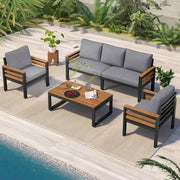 Conjunto de sofá para exterior de 4 piezas para 5 personas con mesa de centro de madera maciza y cojines extraíbles