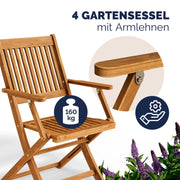 Conjunto de mesa de jardín certificado FSC para 4 personas, 200 cm, 160 kg, resistente a la intemperie, plegable, 5 piezas, acacia con reposabrazos, marrón