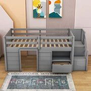 Cama alta baja de madera maciza con cajón y escalera, tamaño individual