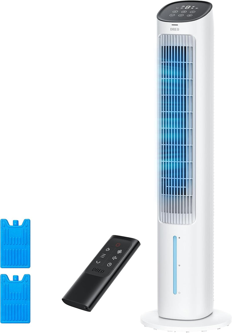 Ventilador de torre DREO con refrigeración silenciosa, ventilador con refrigeración por agua, enfriador de aire de 102 cm, enfriador evaporativo con función de oscilación de 80°, 3 modos, 4 velocidades, control remoto, blanco