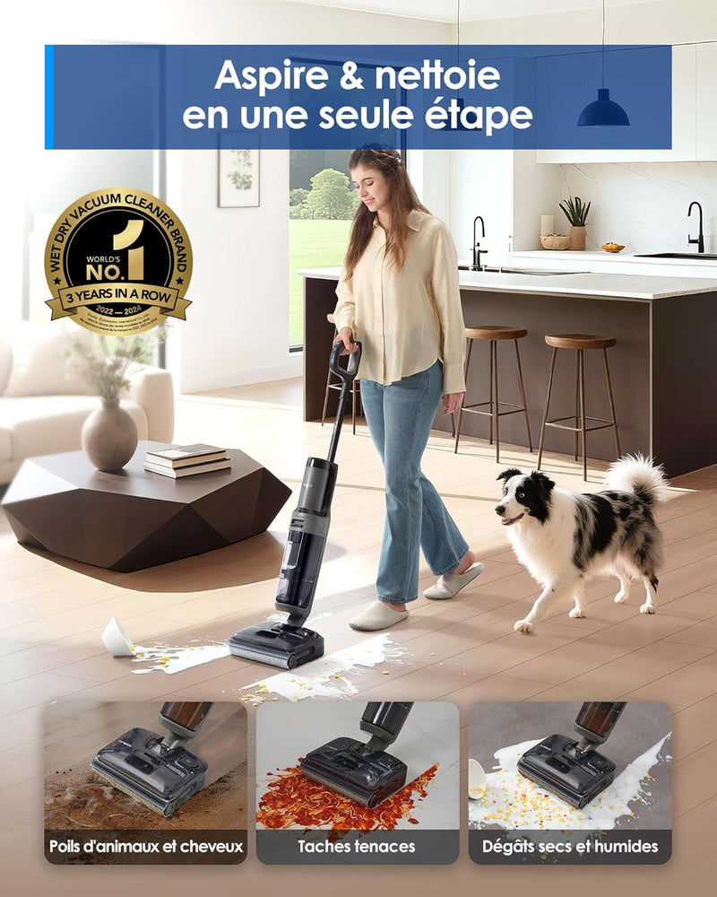 Aspiradora y fregadora inalámbrica Tineco Floor One i6 Stretch, aspiradora en seco y húmedo, potente succión de 20 kPa, alcance plano de 180°, limpieza de doble borde, 40 minutos de autonomía, secado de 5 minutos a 85 °C
