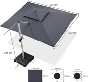 PURPLE LEAF Sombrilla grande rectangular de 300 x 400 cm, sombrilla voladiza estable con soporte, sombrilla de mercado con rotación de 360°, sombrilla de jardín con manivela, protección solar XXL UV50+, gris