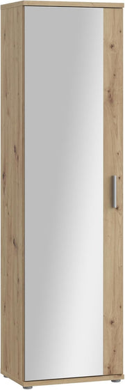 FORTE NET106 Armario 50, zapatero, armario ropero, trastero, armario de puertas batientes, 1 puerta con estantes, espejo, acabado de madera: roble artesano, 50 cm de ancho x 180 cm de alto x 35 cm de fondo