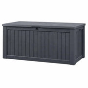 Arcón de almacenaje 570 litros impermeable con ventilación 155 x 72,4 x 64,4 cm aspecto madera con pistón de gas antracita