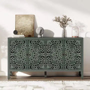 Aparador con almacenamiento, gabinete de almacenamiento con acabado desgastado, 4 puertas talladas y estante ajustable, mueble buffet de madera decorativo