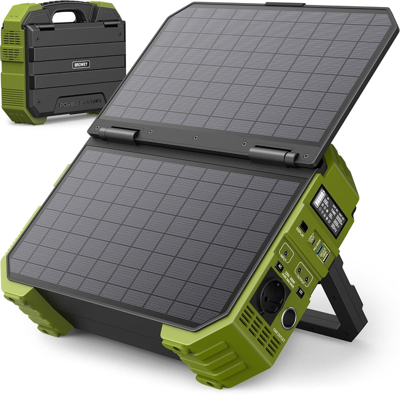Estación de energía portátil BROWEY con panel solar, panel de carga solar propio de 12-40W, 614Wh, 1000W de potencia nominal, generador solar de 2000W de potencia máxima para camping al aire libre, caravaning y preparación para emergencias.