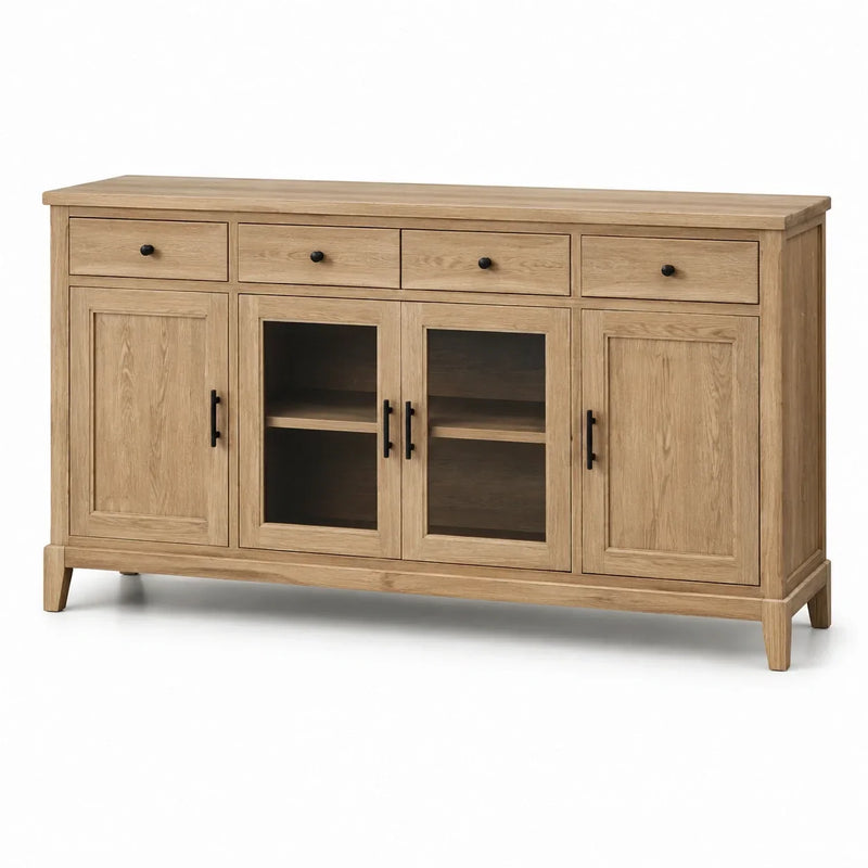 Aparador de madera maciza en color natural con puertas de cristal
