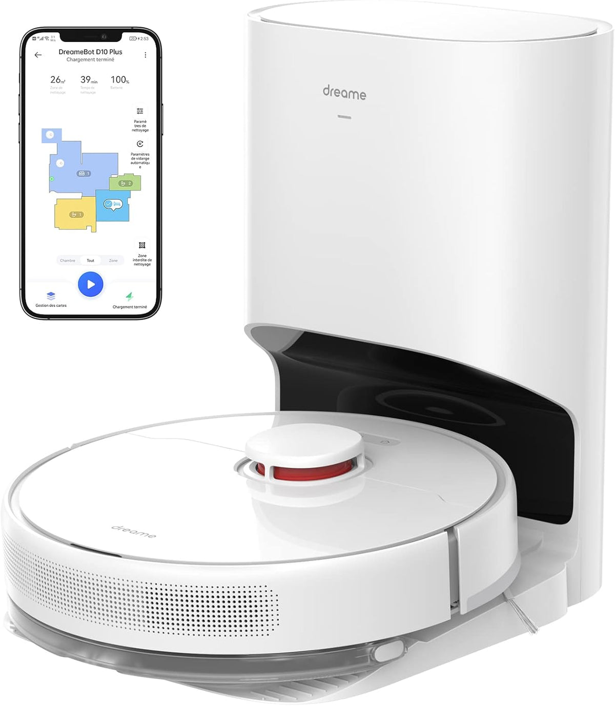 Robot aspirador y fregasuelos Dreame D10 Plus con autovaciado de polvo, navegación LiDAR con detección de obstáculos, succión de 4000 Pa para alfombras y pelo de mascotas, batería de 170 min, WiFi/App/Alexa