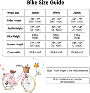Glerc Missy 20, 24, 26 pulgadas bicicleta híbrida urbana tipo crucero para niñas, de 6 velocidades, con cesta de mimbre, para jóvenes mayores de 6 años, varios colores