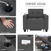 Sillón cama DURASPACE, silla convertible 3 en 1, sillón cama extensible, sofá cama con puertos USB, bolsillo lateral, portavasos para espacios pequeños (gris oscuro)