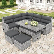 Conjunto de sofá seccional de ratán para exteriores con mesa ajustable y sillones reclinables