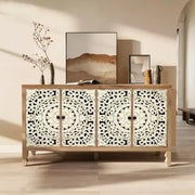 Aparador con almacenamiento, gabinete de almacenamiento con acabado desgastado, 4 puertas talladas y estante ajustable, mueble buffet de madera decorativo
