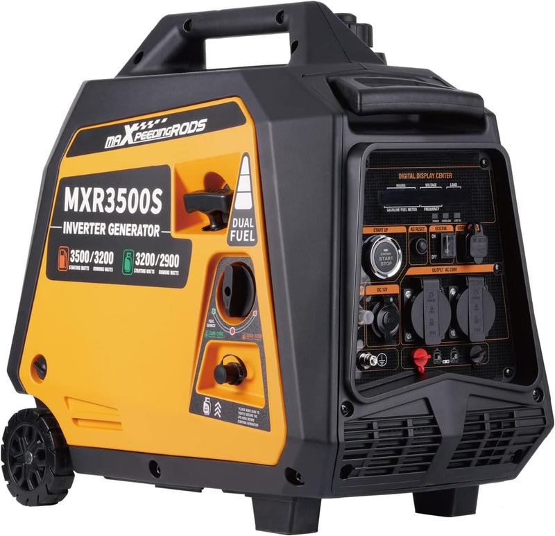 maXpeedingrods Generador Eléctrico Silencioso GLP y Gasolina 3500W Inverter con Arranque Eléctrico y Mando a Distancia, con Puertos USB y Enchufes de 230V para Autocaravanas, Caravanas, Garaje y Jardín