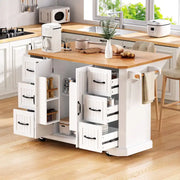 Isla de cocina extensible con alas abatibles, carrito de cocina sobre 4 ruedas con toma de corriente, mesa isla móvil con 2 puertas y 6 cajones