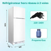 Refrigerador a gas SMETA con congelador, 265L, refrigerador y congelador combinado a gas/220V, nevera a gas para camping, autocaravana, garaje, caravana, casa móvil, blanco