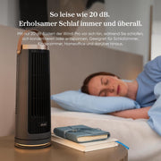 Ventilador de torre compacto Levoit con batería, motor CC, para interiores/exteriores – silencioso desde 20 dB, refrigeración de 7 m/s, ventilador de mesa – 5 niveles/oscilación de 90°/temporizador de 12 h/mando a distancia – portátil, 33 cm, gris grafito