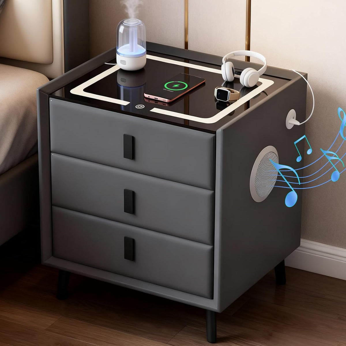 Mesita de noche con LED, mesita de noche con luz regulable de 3 colores y altavoz Bluetooth, mesa auxiliar con 2 USB y función de carga, 3 cajones, elegante mesita de noche con lámpara táctil para dormitorio (1, gris)