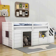 Cama alta baja de madera maciza con cajón y escalera, tamaño individual