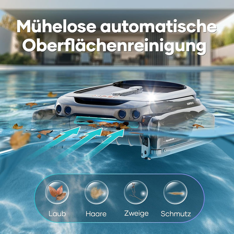 AIPER Surfer S1 Skimmer para piscina, robot de piscina con batería solar, Solarseeker, limpieza de superficie de agua, 20 horas de autonomía, aplicación inteligente, temperatura del agua, ideal para todo tipo de piscinas