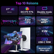 Monitor Gaming KTC 4K de 27 pulgadas, modo dual 4K@160Hz / FHD@320Hz con cambio fluido, panel IPS rápido, 1ms, HDR400, Adaptive Sync, 125% sRGB, 97% DCI-P3, ΔE