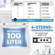 Bomann, arcón congelador de 100 l, color blanco GT7355 – 4 estrellas, temperatura ≤ -18 °C, capacidad de congelación 4,5 kg/24 h, piloto de control, ajuste de temperatura, extraíble, ruedas, ideal para la familia