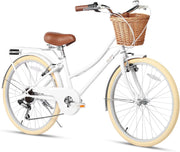 Glerc Missy 20, 24, 26 pulgadas bicicleta híbrida urbana tipo crucero para niñas, de 6 velocidades, con cesta de mimbre, para jóvenes mayores de 6 años, varios colores