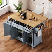54 Isla de cocina grande con ala abatible de madera de caucho, carro de cocina rodante con textura repujada sobre 4 ruedas con 4 puertas y 3 cajones