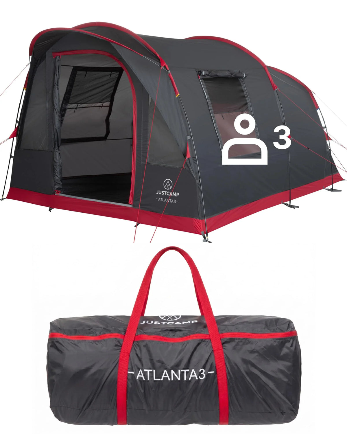 JUSTCAMP Atlanta 3, 5 o 7 personas, tienda de campaña tipo túnel con altura interior, toldo, suelo, mosquitera, impermeable, camping, festival