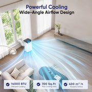 Aires acondicionados portátiles de 14,000 BTU, enfría hasta 700 pies cuadrados, unidad de aire acondicionado independiente, refrigeración, deshumidificador, ventilador, modo de suspensión, control remoto y kit de instalación, blanco