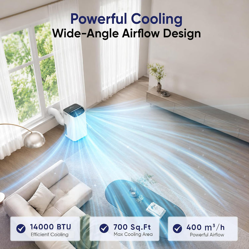 Aire acondicionado portátil de 14,000 BTU, enfría hasta 700 pies cuadrados, unidad de aire acondicionado independiente, refrigeración, deshumidificador, ventilador, modo de suspensión, control remoto y kit de instalación, blanco