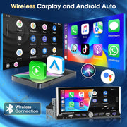 Autoradio Android 15 Motorsi con Apple CarPlay, pantalla táctil IPS de 6.9 pulgadas 1280P, 1 DIN, 4 núcleos, 2+64 GB, Bluetooth, GPS, DSP, Android Auto, WiFi, radio FM/RDS, cámara de reversa AHD y micrófono.