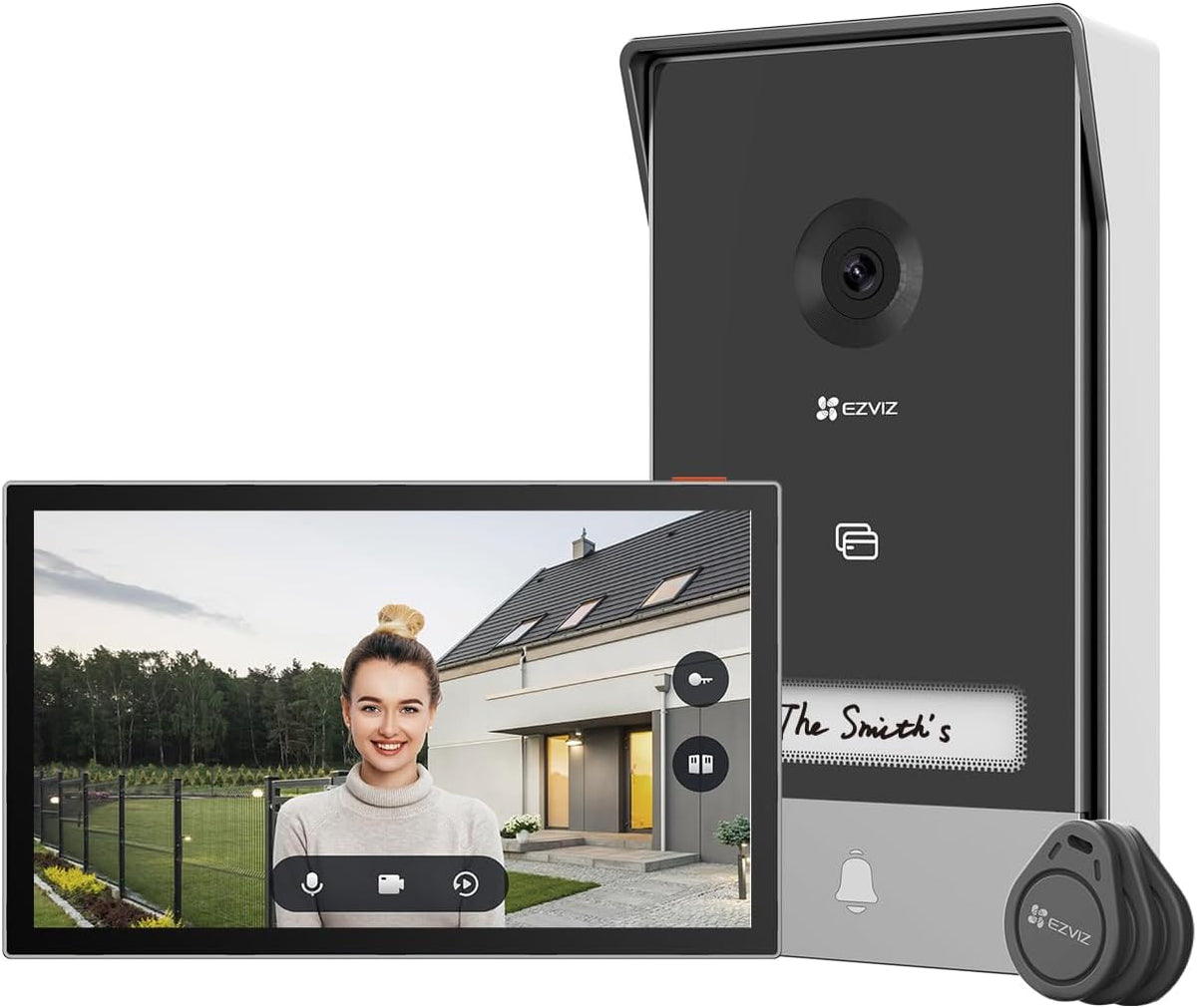 Videoportero conectado EZVIZ HP7 2K, monitor táctil de 7 pulgadas, desbloqueo remoto, 2 cables, detección de personas, opción RFID, audio bidireccional, visión nocturna, resistente al agua, WiFi de doble banda